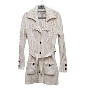 Glimmer Cardigan Sweater M Cream Cable Knit Belt Shawl Collar Coastal Fisherman